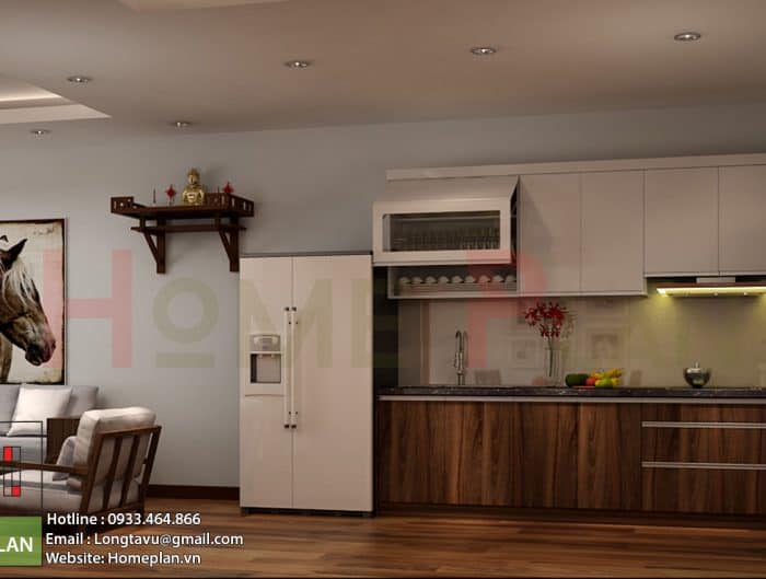 Tủ bếp được làm bằng gỗ công nghiệp. Với cách phối màu phù hợp khiến căn phòng ấm áp hơn rất nhiều.