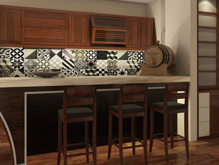 Tủ bếp gỗ gụ được thiết kế và thi công theo phong cách Á Đông. Phù hợp với sofa của Gỗ Việt và Grand Bois